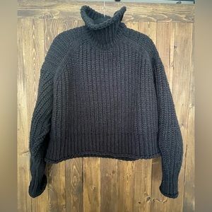 Chunky Black Knit Sweater with Rolled Mock Neck.